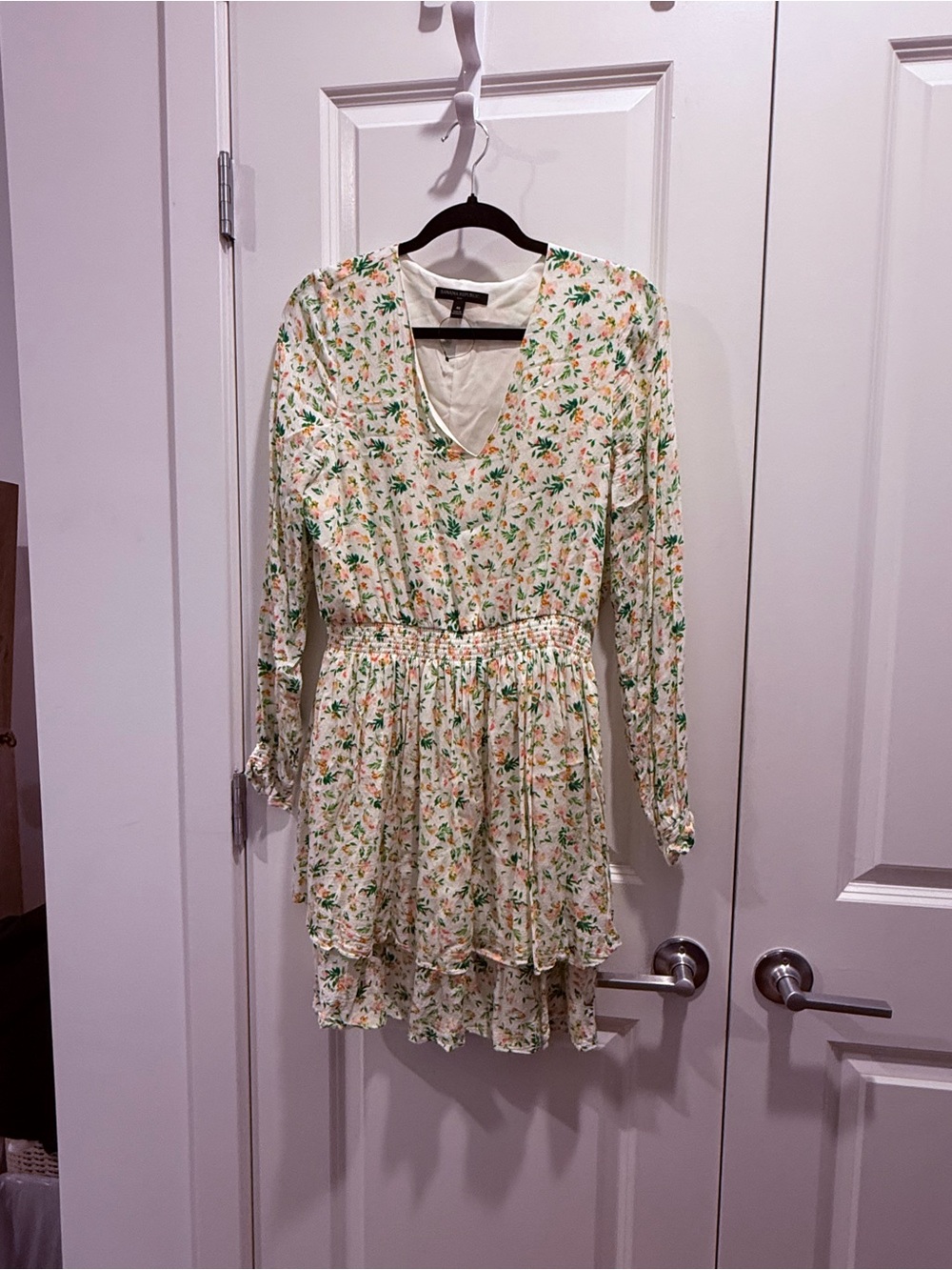Banana Republic Cream Floral Long-Sleeve Smocked Waist Dress